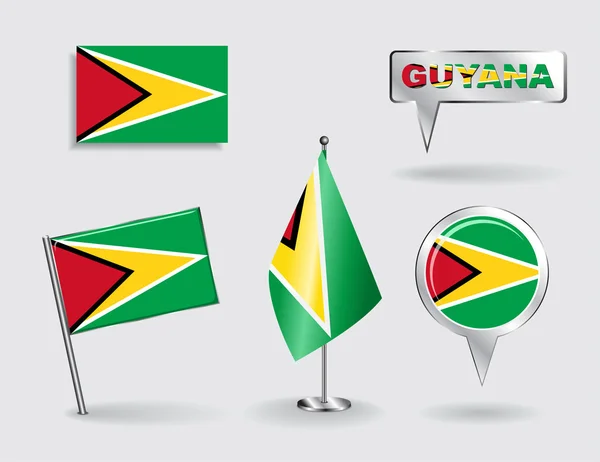 Set of Guyana pin, icon and map pointer flags. Vector — Stock Vector