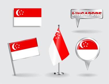 Singapur PIN, simge ve harita işaretçi bayraklarının kümesi. Vektör