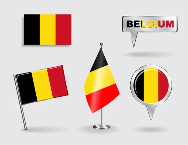 Uppsättning av belgiska pin, ikon och karta pekaren flaggor. Vektor — Stock vektor