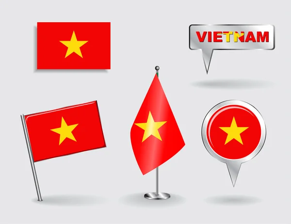 Uppsättning av vietnamesiska pin, ikon och karta pekaren flaggor. Vektor — Stock vektor