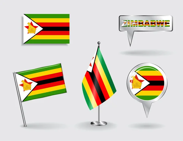 Jeu de drapeaux Zimbabwe pin, icône et pointeur de carte. Vecteur — Image vectorielle