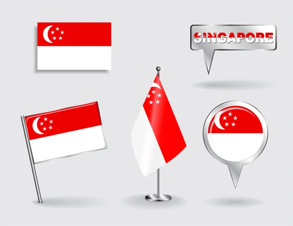 Set of Singapore pin, icon and map pointer flags. Vector — Stock Vector