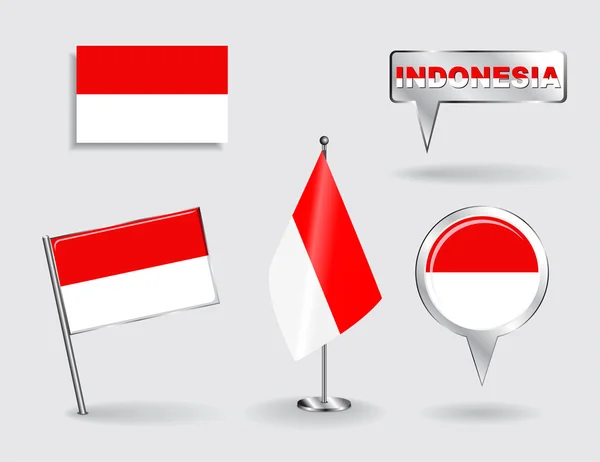 Set bendera pin, ikon dan penunjuk peta Indonesia. Vektor - Stok Vektor