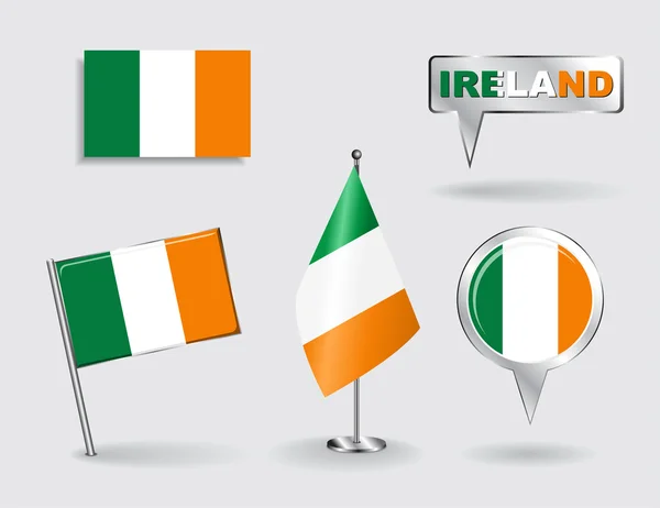 Jeu de drapeaux irlandais de pin, icône et pointeur de carte. Vecteur — Image vectorielle