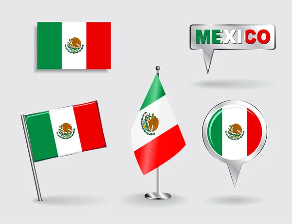 Set mexikanischer Pin, Icon und Kartenzeiger-Flaggen. Vektor — Stockvektor