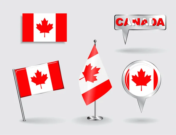 Ensemble de drapeaux canadiens d'épinglette, d'icône et de pointeur de carte. Vecteur — Image vectorielle