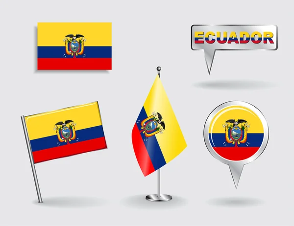 Set de banderas de pin, icono y puntero de mapa ecuatoriano. Vector — Vector de stock