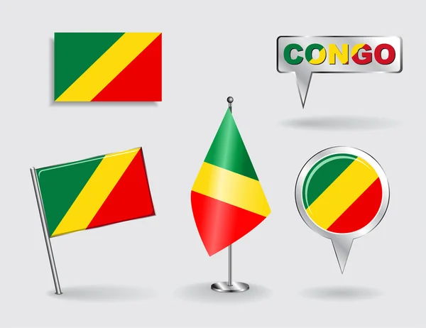Set of Congolese pin, icon and map pointer flags. Vector — Stock Vector