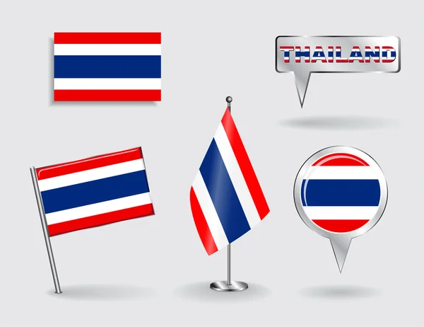 Sada příznaků pin, ikony a mapa ukazatel, Thajsko. Vektor — Stockový vektor