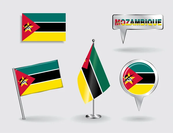 Set de banderas de pines, iconos y punteros de mapas de Mozambique. Vector — Archivo Imágenes Vectoriales