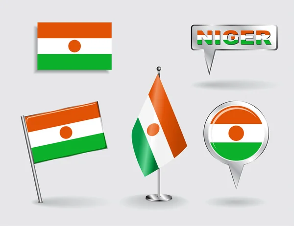Reeks van Niger pin, pictogram en kaart aanwijzer vlaggen. Vector — Stockvector