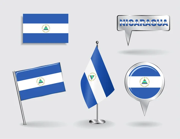 Set Nicaraguaanse pin, pictogram en kaart aanwijzer vlaggen. Vector — Stockvector