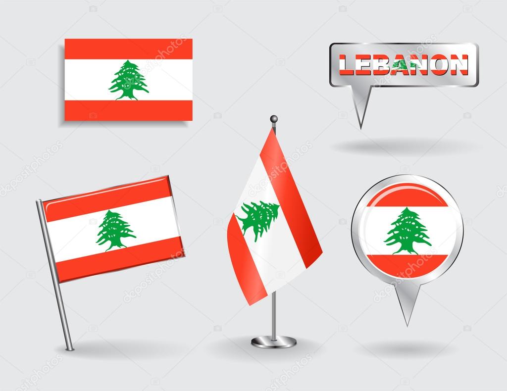 Set of Lebanese pin, icon and map pointer flags. Vector