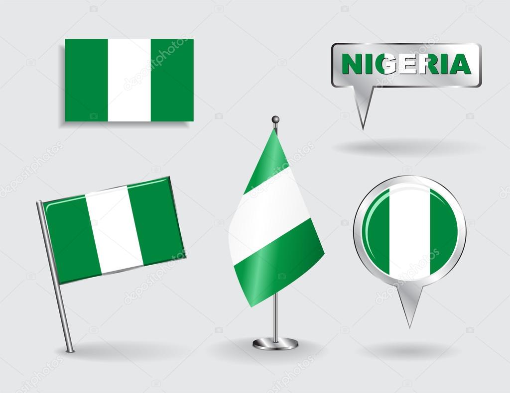 Set of Nigerian pin, icon and map pointer flags. Vector