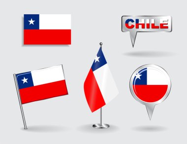 Set of Chilean pin, icon and map pointer flags. Vector clipart