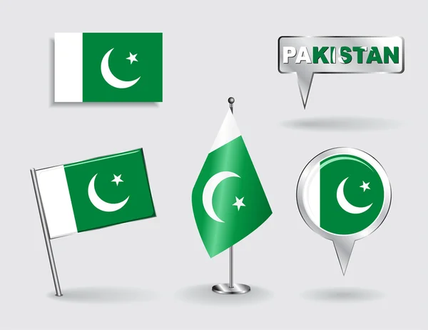 Satz pakistanischer Pin, Icon und Kartenzeiger-Flaggen. Vektor — Stockvektor