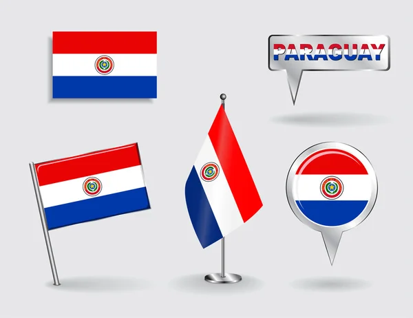 Jeu de drapeaux de pin, icône et pointeur de carte paraguayens. Vecteur — Image vectorielle