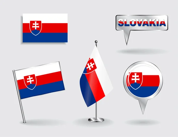 Set of Slovak pin, icon and map pointer flags. Vector — Stock Vector