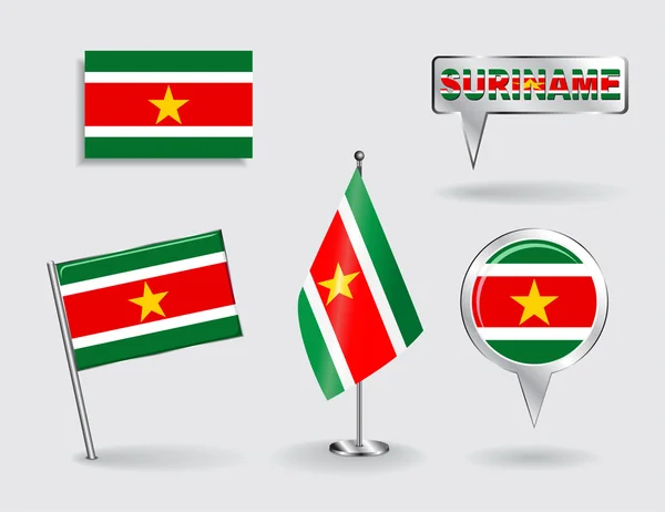 Set of Surinamese pin, icon and map pointer flags. Vector — Stock Vector