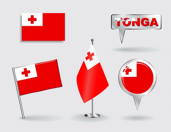 Set of Tonga pin, icon and map pointer flags. Vector — Stock Vector