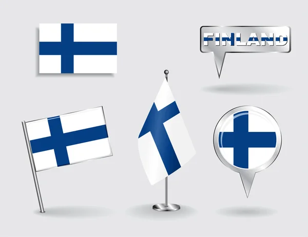 Set de banderas de pin, icono y puntero de mapa finlandés. Vector — Vector de stock