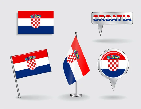 Conjunto de bandeiras croatas de pino, ícone e ponteiro de mapa. Vetor — Vetor de Stock