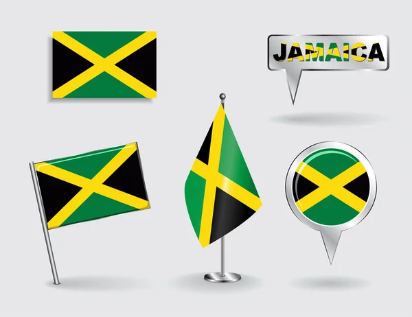 Set of Jamaican pin, icon and map pointer flags. Vector — Stock Vector