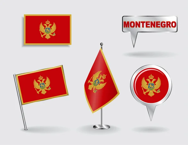 Conjunto de pino montenegrino, ícone e bandeiras de ponteiro de mapa. Vetor — Vetor de Stock