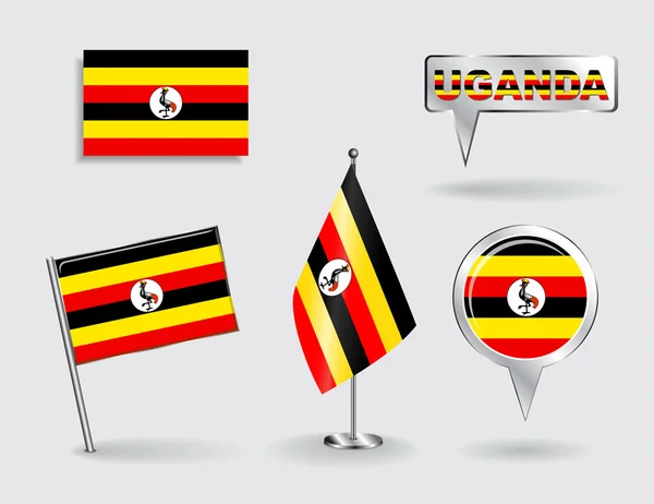 Set aus ugandischen Pins, Symbolen und Flaggen mit dem Kartenzeiger. Vektor — Stockvektor
