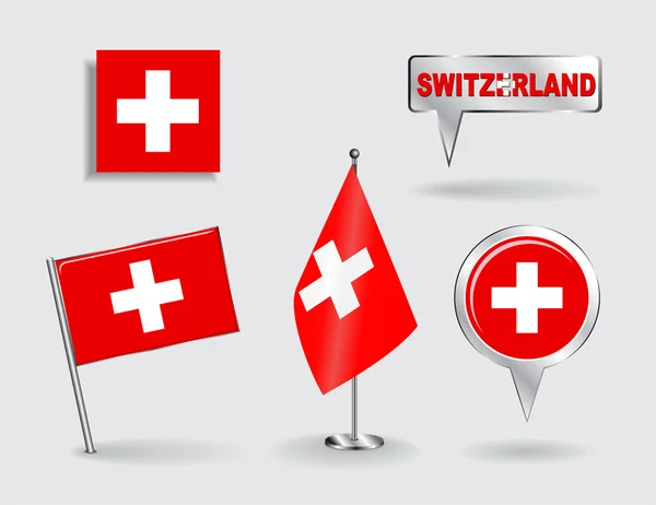 Jeu de drapeaux Swiss pin, icône et pointeur de carte. Vecteur — Image vectorielle