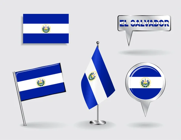 El Salvador PIN, simge ve harita işaretçi bayraklarının kümesi. Vektör — Stok Vektör