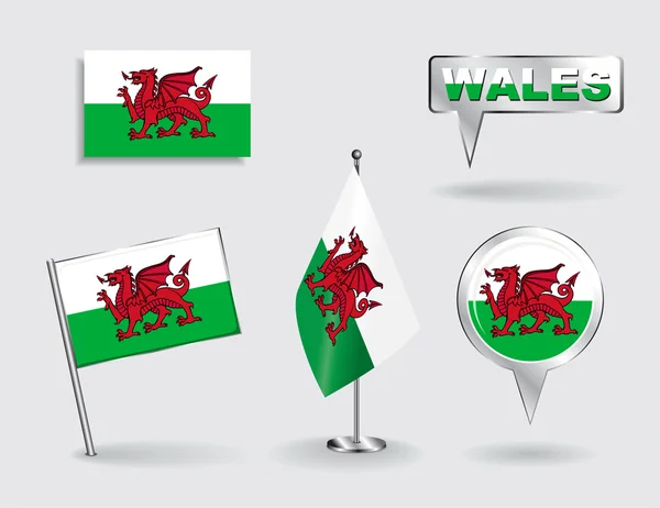 Set Welsh pin, pictogram en kaart aanwijzer vlaggen. Vector — Stockvector