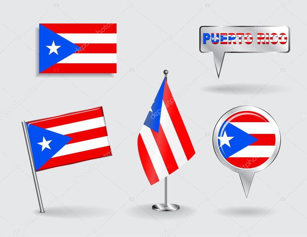 Set of Puerto-Rican pin, icon and map pointer flags. Vector