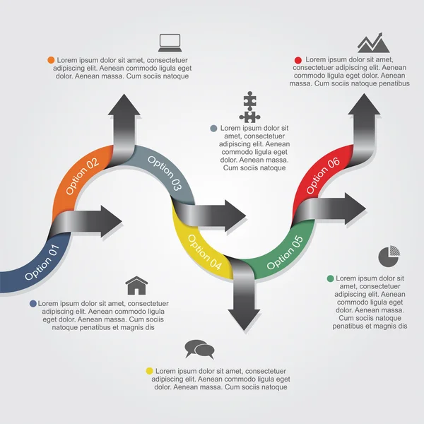 Infografische Berichtsvorlage mit Pfeilen und Symbolen. Vektor — Stockvektor