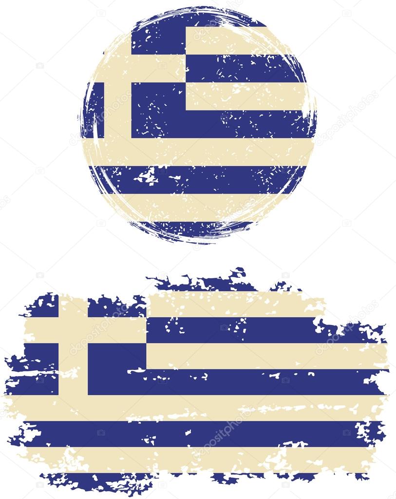 Greek round and square grunge flags. Vector illustration.