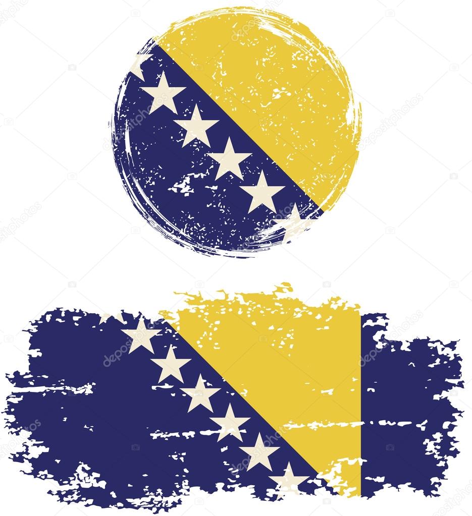 Bosnia and Herzegovina round, square grunge flags. Vector illustration.