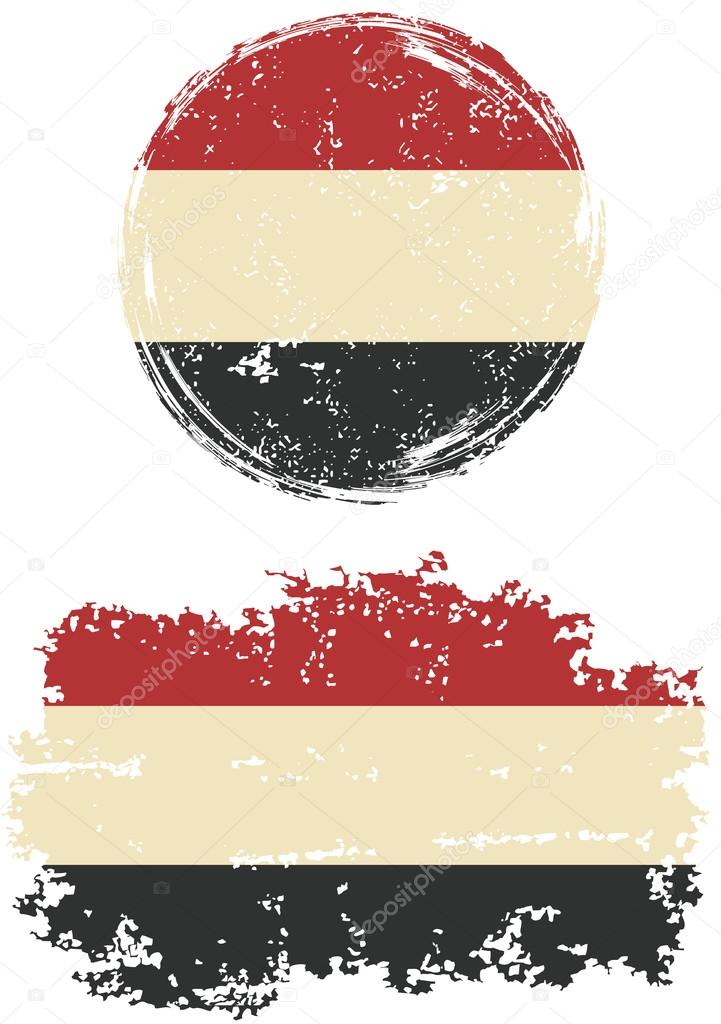 Yemeni round and square grunge flags. Vector illustration.