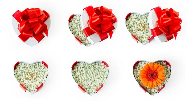 Conjunto de matrimonio propuesta corazón en forma de cajas de regalo —  Fotos de Stock