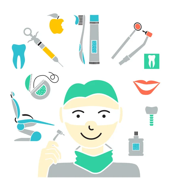 Tandheelkundige gezondheid instrumenten en tandarts — Stockvector