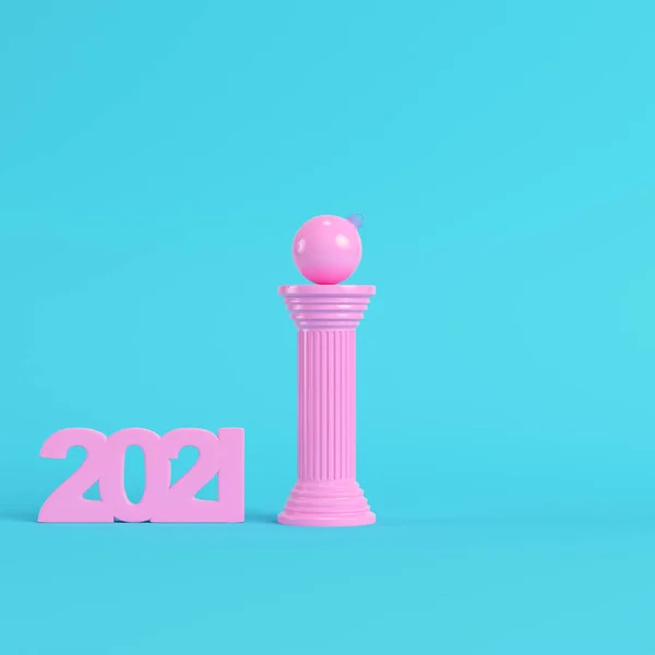 Pink 2021 Figures Christmas Ball Ancient Column Bright Blue Background — Stock Photo, Image