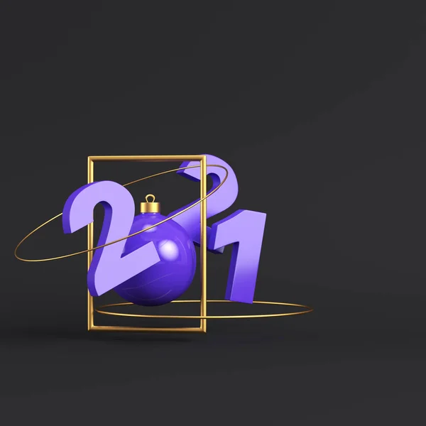 Purple 2021 Figures Golden Frame Dark Background Render — Stock Photo, Image