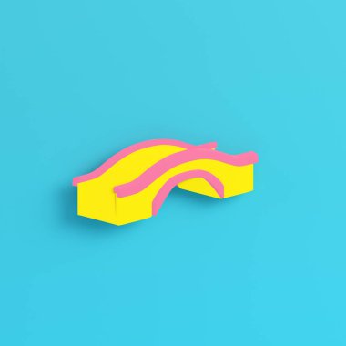 Sarı köprü, parlak mavi arkaplanda, pastel renklerde. Minimalizm kavramı. 3d hazırlayıcı