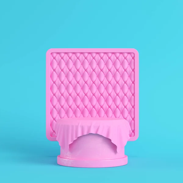 粉红底座上铺有方格框的织物 底座的背景为明亮的蓝色 色泽柔和 最低纲领的概念 3D渲染 — 图库照片