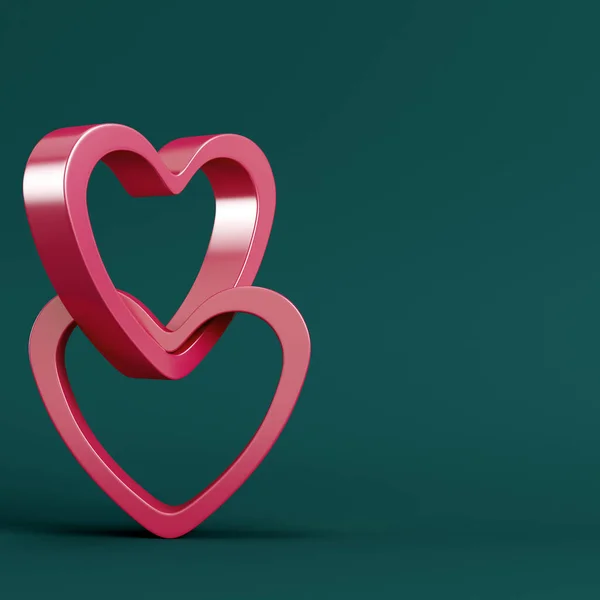 濃い緑色の背景に赤い抽象的な心の形 最小限の概念 3Dレンダリング — ストック写真