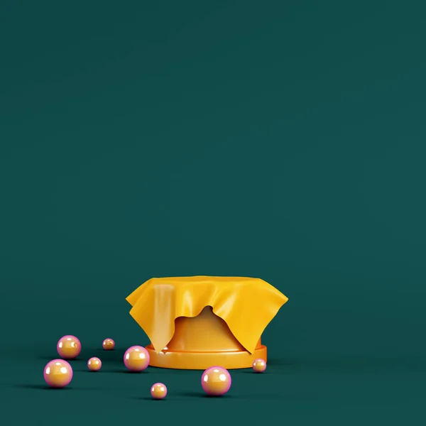 Pedestal Amarelo Com Esferas Cobertas Por Tecido Sobre Fundo Verde — Fotografia de Stock