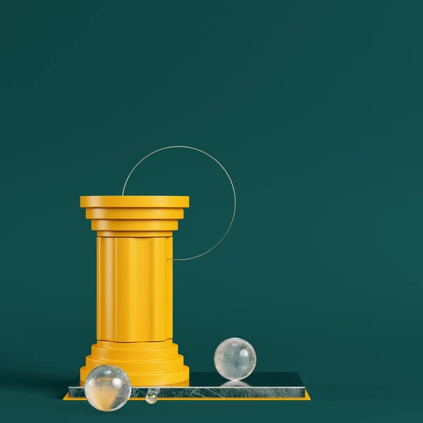 暗緑色の背景にコラム サークルフレームと球を持つ黄色の台座 最小限の概念 3Dレンダリング — ストック写真