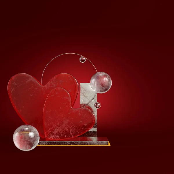 Koyu Kırmızı Arka Planda Geometrik Figürlere Sahip Soyut Kalp Minimalizm — Stok fotoğraf