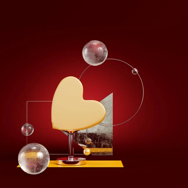 Koyu Kırmızı Arka Planda Geometrik Figürlere Sahip Sarı Soyut Kalp — Stok fotoğraf