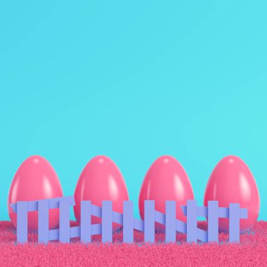Çitin arkasında pembe paskalya yumurtaları. Pastel renklerde parlak mavi arka plan. Minimalizm kavramı. 3d hazırlayıcı