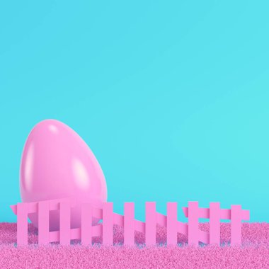Çitin arkasında pembe paskalya yumurtaları. Pastel renklerde parlak mavi arka plan. Minimalizm kavramı. 3d hazırlayıcı